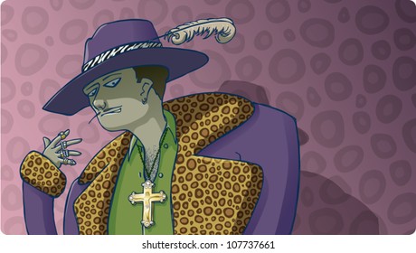 Cartoon Illustration Of A Sly, Sinister-looking Pimp On A Pink Leopard Skin Background.