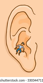 Cartoon illustration of small conscience voice speaking to ear