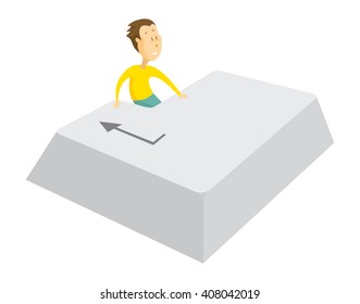 Cartoon illustration of small man pressing huge enter key