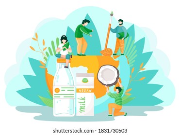 Cartoon illustration of small people near big milk bottles and nuts. Plant-based vegan nutty milk. Healthy cow alternative to lactose milk. Banner with milk in bottle and box, almond nuts and coconut