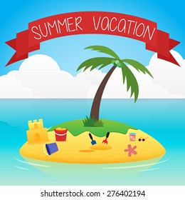 Cartoon illustration of the small tropical island in the ocean with palm trees for summer vacation