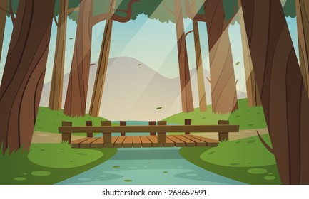 Cartoon illustration of the small wooden bridge in the woods, summer landscape.