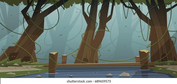 Cartoon illustration of the small wooden bridge in the woods.