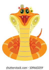 Cartoon illustration of a smiled orange snake with flower crown.