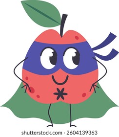 Cartoon illustration of a smiling apple wearing superhero mask and cape, standing with hands on hips, promoting healthy eating habits and inspiring children to enjoy fruits and vegetables