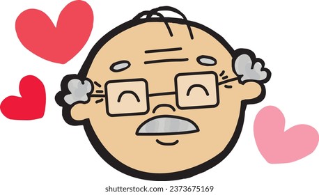 cartoon illustration of a smiling, bald grandfather with white hair, mustache and glasses