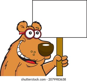 Cartoon illustration of a smiling bear wearing glasses holding a sign.