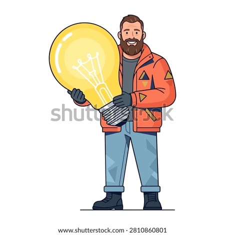 A cartoon illustration of a smiling bearded man standing while holding a large glowing yellow light bulb in his hands as a symbol of brilliant innovation and creative thinking. This professional character design represents success and smart ideas.