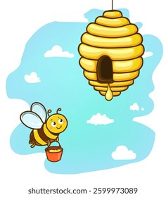 cartoon illustration of smiling bee carrying bucket toward a beehive