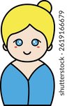 Cartoon illustration of a smiling blonde girl wearing a blue dress