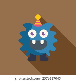 Cartoon illustration of a smiling blue monster wearing a birthday hat, perfect for children's designs and festive projects 