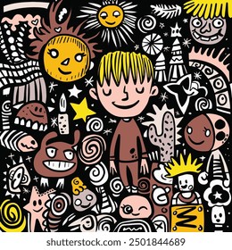 Cartoon illustration of a smiling boy with blonde hair surrounded by abstract, whimsical doodles and characters on a dark background featuring stars and sun motifs.
