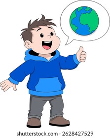 Cartoon illustration of a smiling boy in a blue hoodie giving a thumbs up while talking about the planet Earth, represented in a speech bubble.