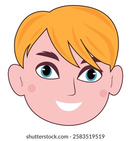 Cartoon illustration of a smiling boy with bright blond hair.