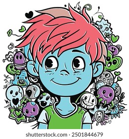 Cartoon illustration of a smiling boy with an offset effect, surrounded by various colorful and whimsical doodles, including hearts, smiling faces, and playful characters.