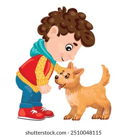 Cartoon illustration of a smiling boy petting a happy brown puppy dog