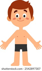 Ilustración de dibujos animados de un niño sonriente que muestra su cuerpo con ropa interior, ideal para contenido educativo o de atención médica relacionado con la anatomía, la higiene o la pubertad