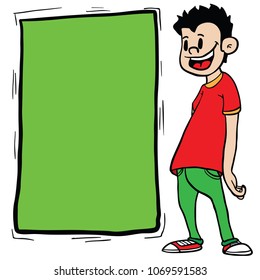 ilustración de un niño sonriente parado al lado de un cartel vacío con un lugar para su texto