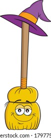 Cartoon illustration of a smiling broom with a witch's hat on top of the broomstick.
