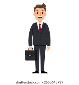 A cartoon illustration of a smiling businessman in a dark suit and red tie, holding a briefcase.  He stands against a white background.