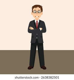Cartoon illustration of a smiling businessman with glasses, red tie, and suit, standing confidently with arms crossed on a simple background.