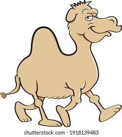 Cartoon illustration of a smiling camel walking.