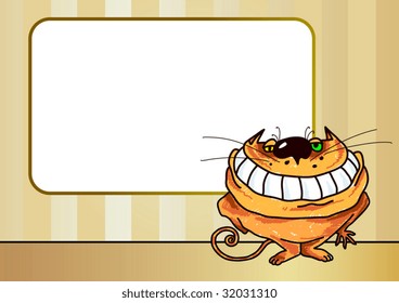 Cartoon illustration of as smiling cat with blank textframe.