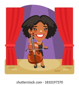 Cartoon illustration of a smiling cellist lady on stage. Composition with a professional woman. Flat female character.