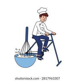 Cartoon illustration of a smiling chef riding a bicycle contraption to mix batter in a bowl with a large whisk.