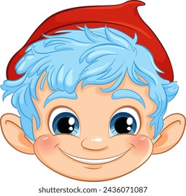 Cartoon illustration of a smiling elf with blue hair.