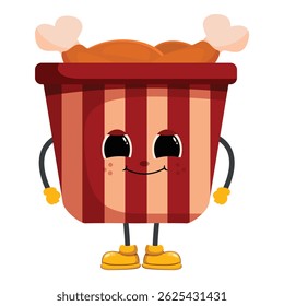 Cartoon illustration of a smiling fried chicken bucket character showing chicken legs, ideal for promoting fast food restaurants and children's menus