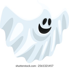 Cartoon illustration of a smiling ghost floating with its arms outstretched, creating a cheerful and spooky atmosphere perfect for Halloween celebrations and party decorations