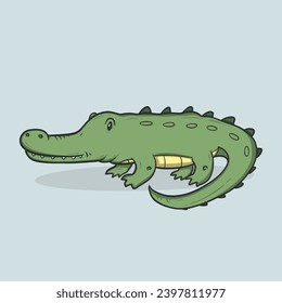 Cartoon illustration of a smiling green crocodile on a light blue background.