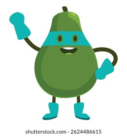 Cartoon illustration of a smiling green pear wearing a superhero mask and boots, waving with one hand raised