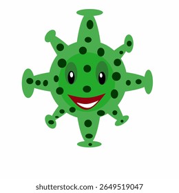 Ilustração em desenho animado de um vírus ou germe verde sorridente com manchas pretas e protrusões pontiagudas, isolado em um fundo branco