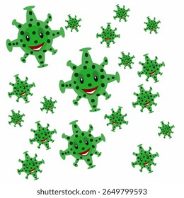 Ilustração em desenho animado de um vírus ou germe verde sorridente com manchas pretas e protrusões pontiagudas, isolado em um fundo branco