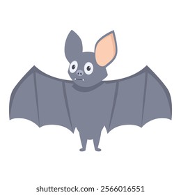 Cartoon illustration of a smiling grey bat spreading his wings, isolated on a white background