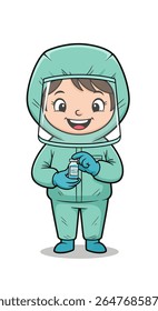 Ilustração em desenho animado de um profissional de saúde sorridente vestindo um terno de proteção e segurando um frasco rotulado "Vacina".
