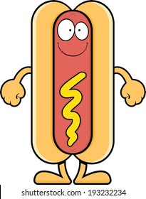 Cartoon illustration of a smiling hot dog. 