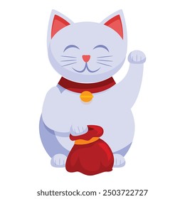 Cartoon illustration of a smiling japanese lucky cat raising a paw and holding a red money bag