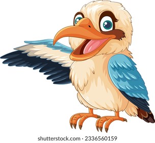 Ilustración de un pájaro kookaburra sonriente parado con un ala abierta, aislado en una ilustración de fondo blanco