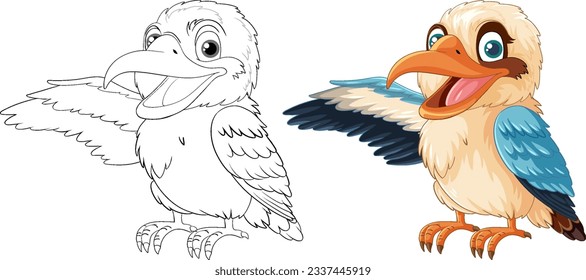 Dibujo de un pájaro sonriente de Kookaburra parado con un ala abierta, aislado en ilustración blanca