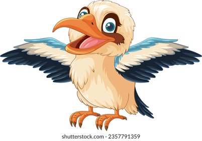 A cartoon illustration of a smiling Kookaburra bird with its wings wide open, isolated on a white background illustration