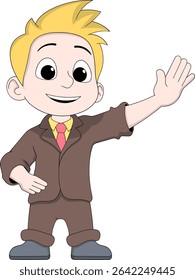 Ilustração em desenho animado de um homem de negócios sorridente saudação calorosa, simbolizando amizade, networking, e comunicação positiva em um ambiente de negócios