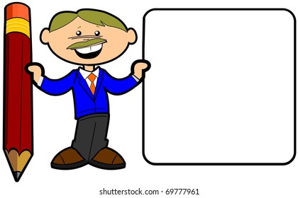 cartoon illustration of a smiling man holding a pencil and a sign