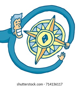 Cartoon illustration of smiling man holding to his north