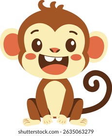 Cartoon illustration of a smiling monkey with big eyes and curly tail. Great for jungle, zoo, and playful animal projects.