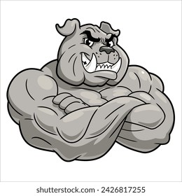 Cartoon illustration of Smiling muscular bulldog on white background