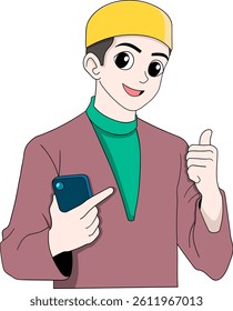 Cartoon illustration of a smiling Muslim boy in traditional attire, holding a smartphone and pointing at it while giving a thumbs up
