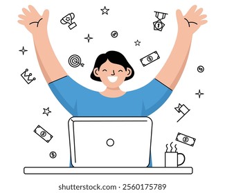 Cartoon illustration of a smiling person raising arms in excitement at their laptop, surrounded by success symbols.